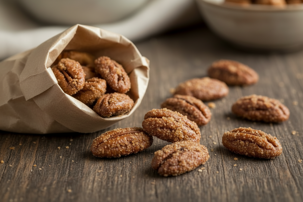 A brown paper bag filled with candied pecans spilling out on a table