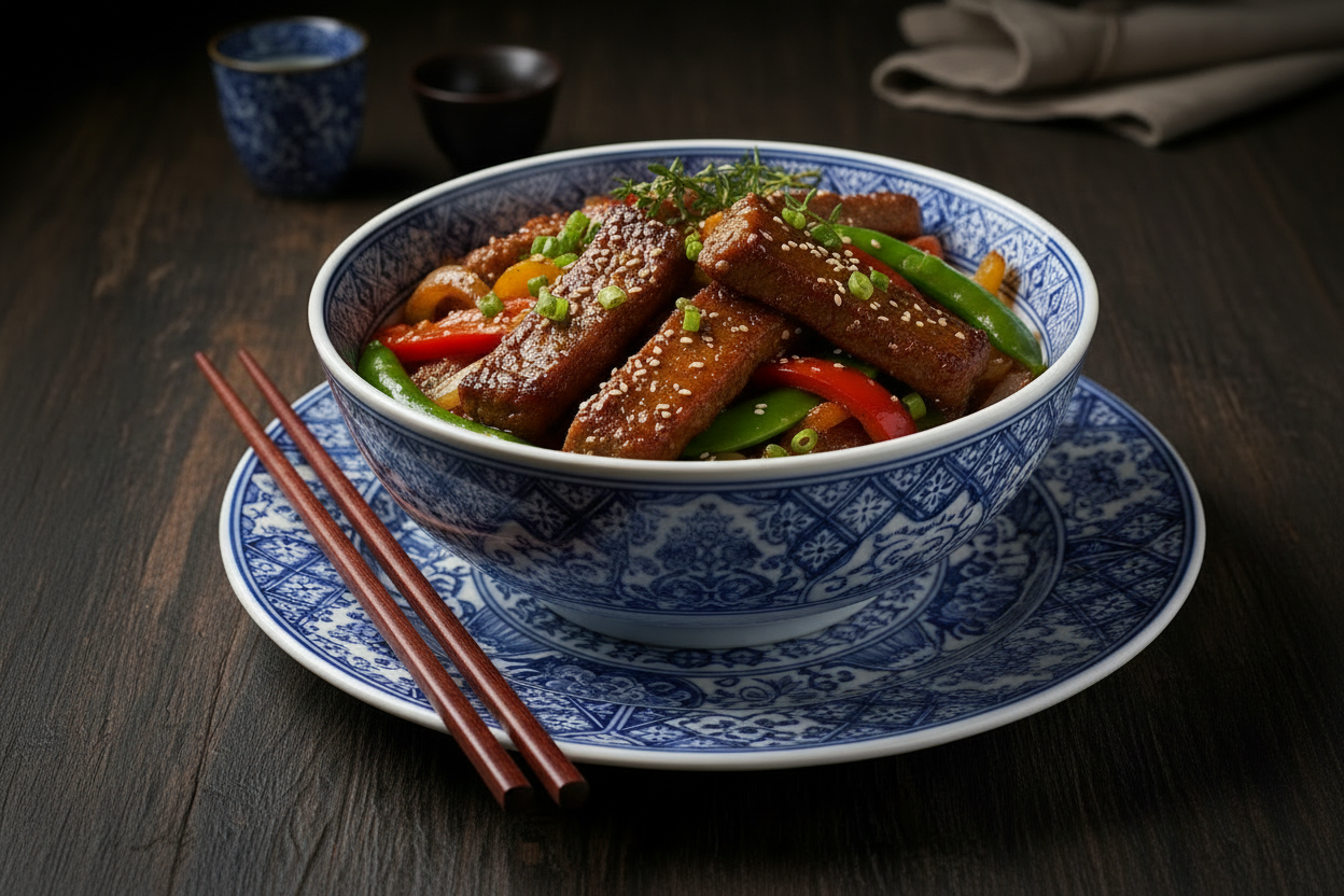 Blue Asian style bowl filled with jerk seasoned pork strips and rice