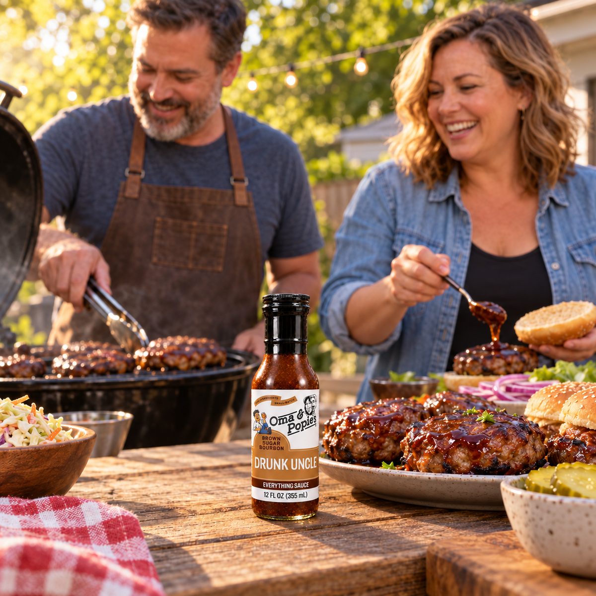 A man at a grill and a woman at a table spooning Oma and Popie's drunk uncle sauce on to a burger