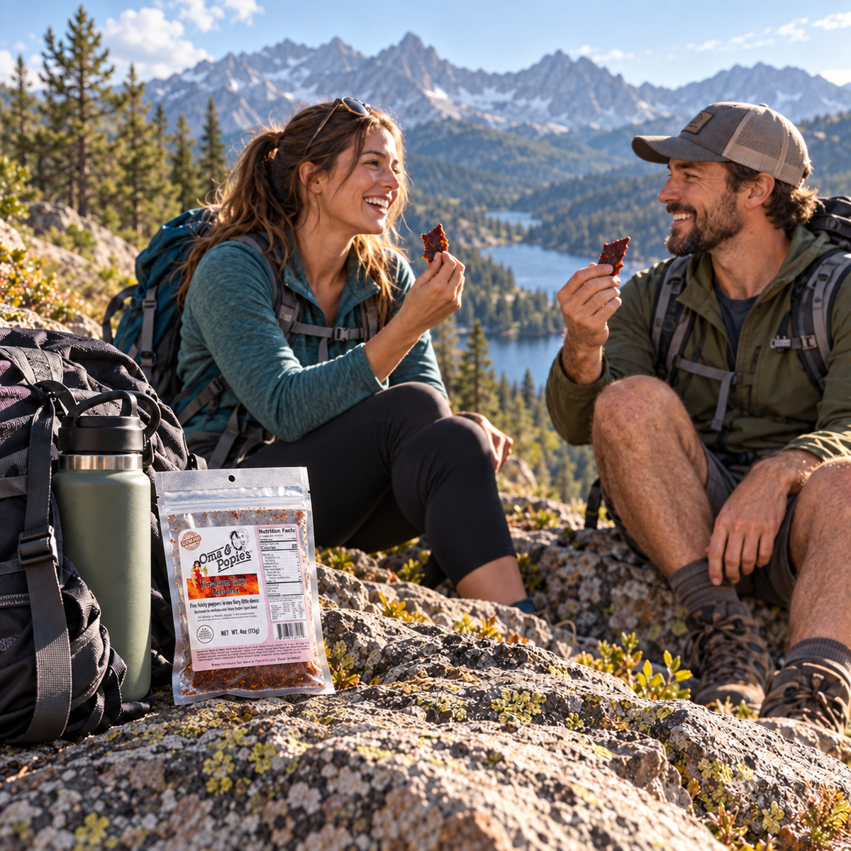 couple in mountain setting eating Oma and Popie's beef jerky