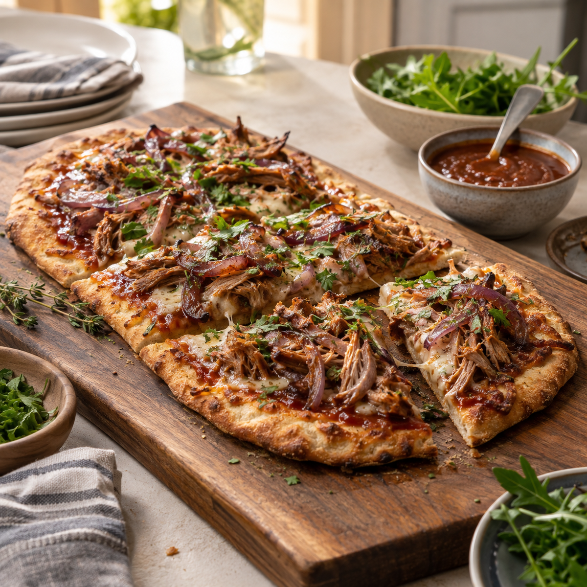 Flatbread pizza on a wooden board