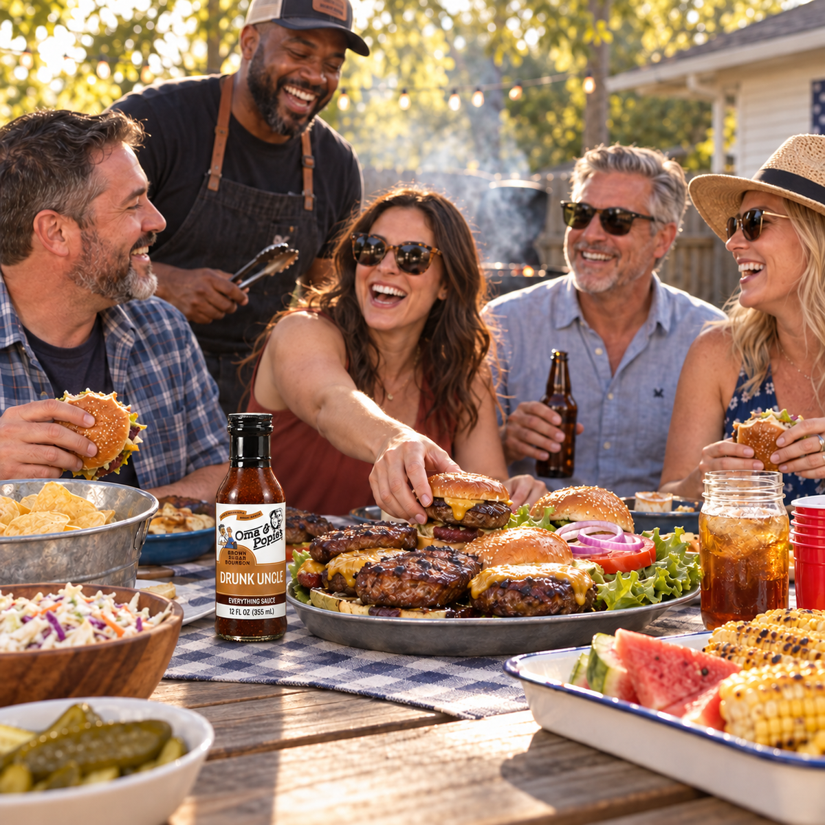 a group of people gathered around a wooden table outside with burgers, vegetables and Oma and Popie's Drunk Uncle sauce in front of them