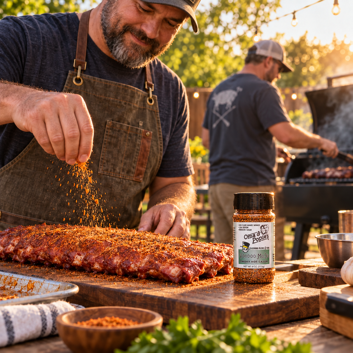 a man in front of a grill seasoning a rack of ribs with Oma and Popie's Voodoo Mojo seasoning blend