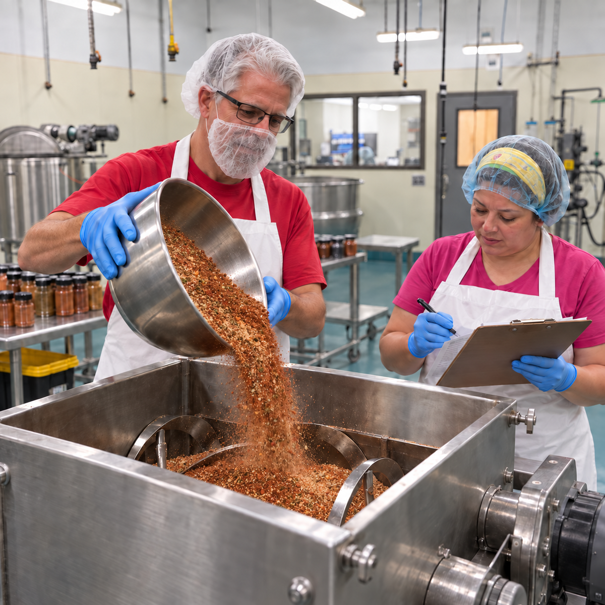 Popie and a production worker mixing spices