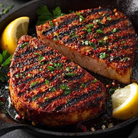 Grilled Blacked Tuna with lemon wedges