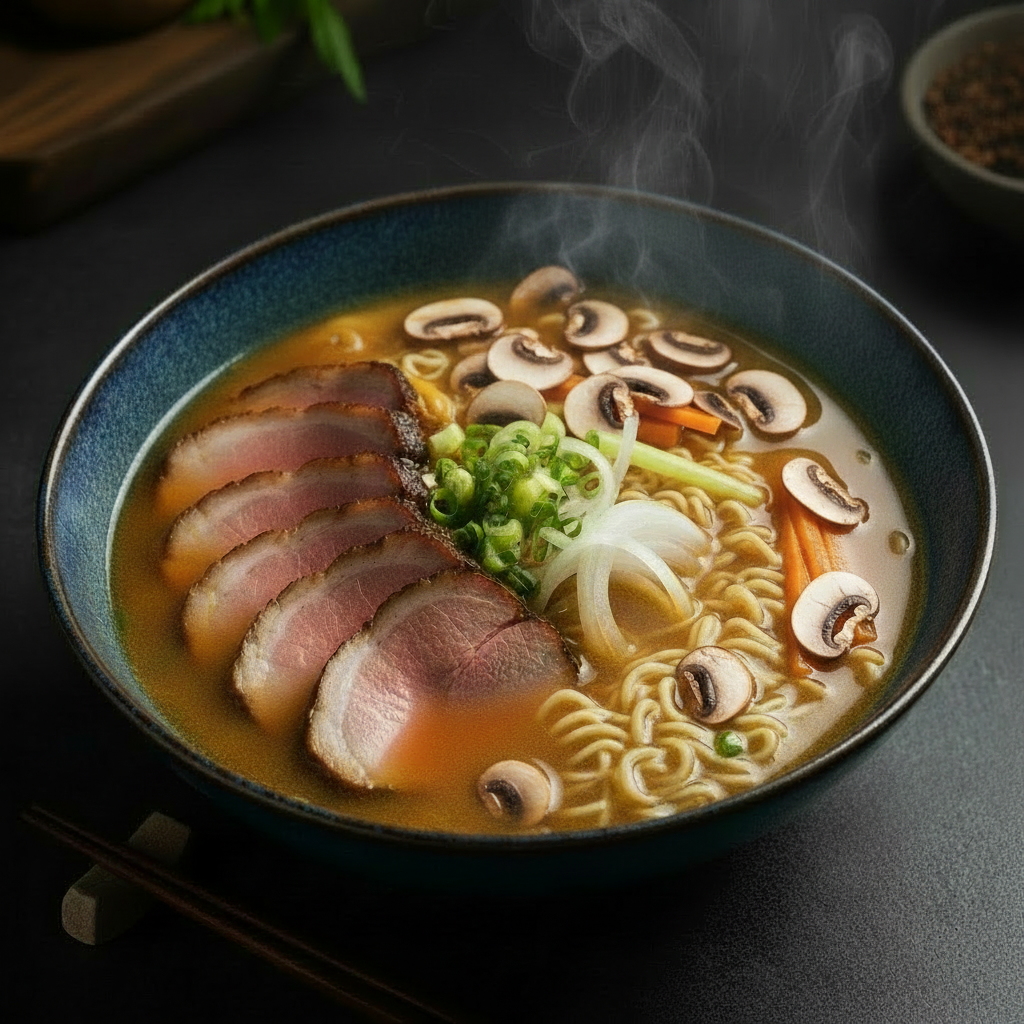 Steamy bowl of noddles with sliced pork, mushrooms, carrots, celery and onions in a pork broth.