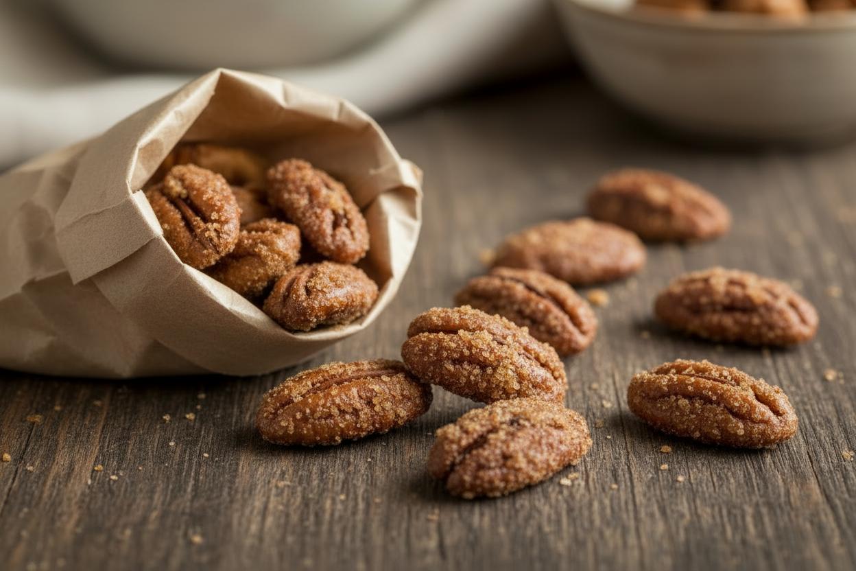 A brown paper bag filled with candied pecans spilling out on a table