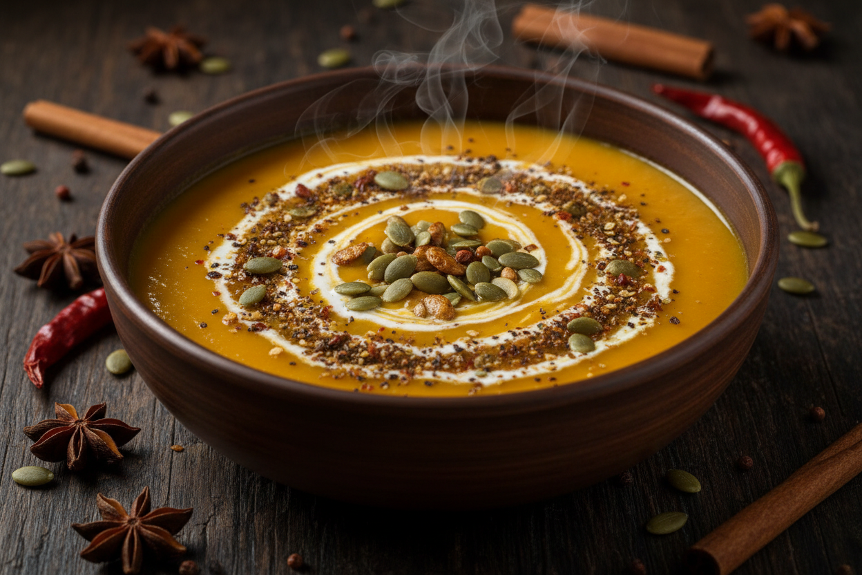 Bowl of Creamy Pumpkin soup with seeds and spices on top 