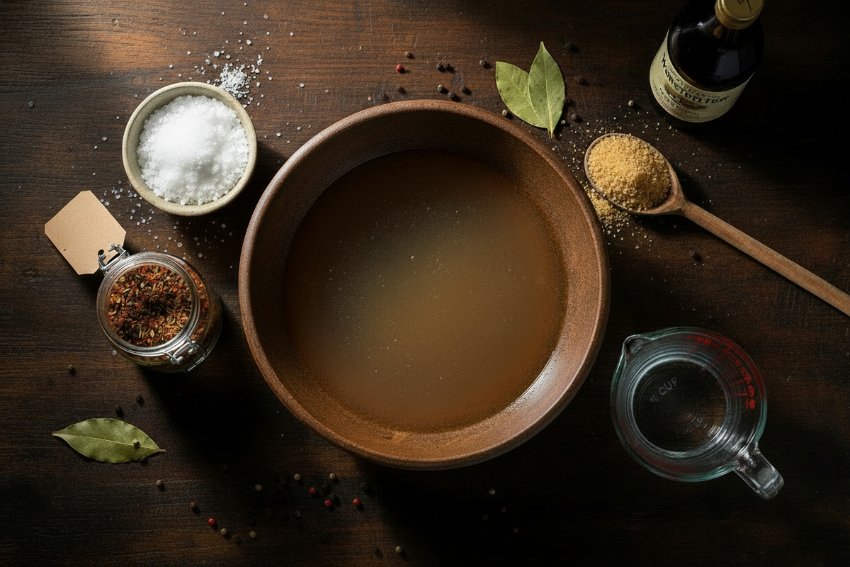 Large bowl of Brine with small containers of spices 