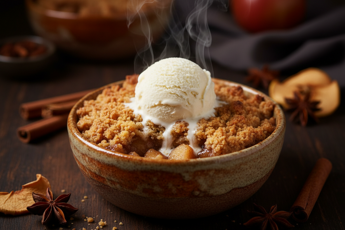 Piping hot bowl of Apple Cobbler with a scoop of Vanilla Ice Cream 