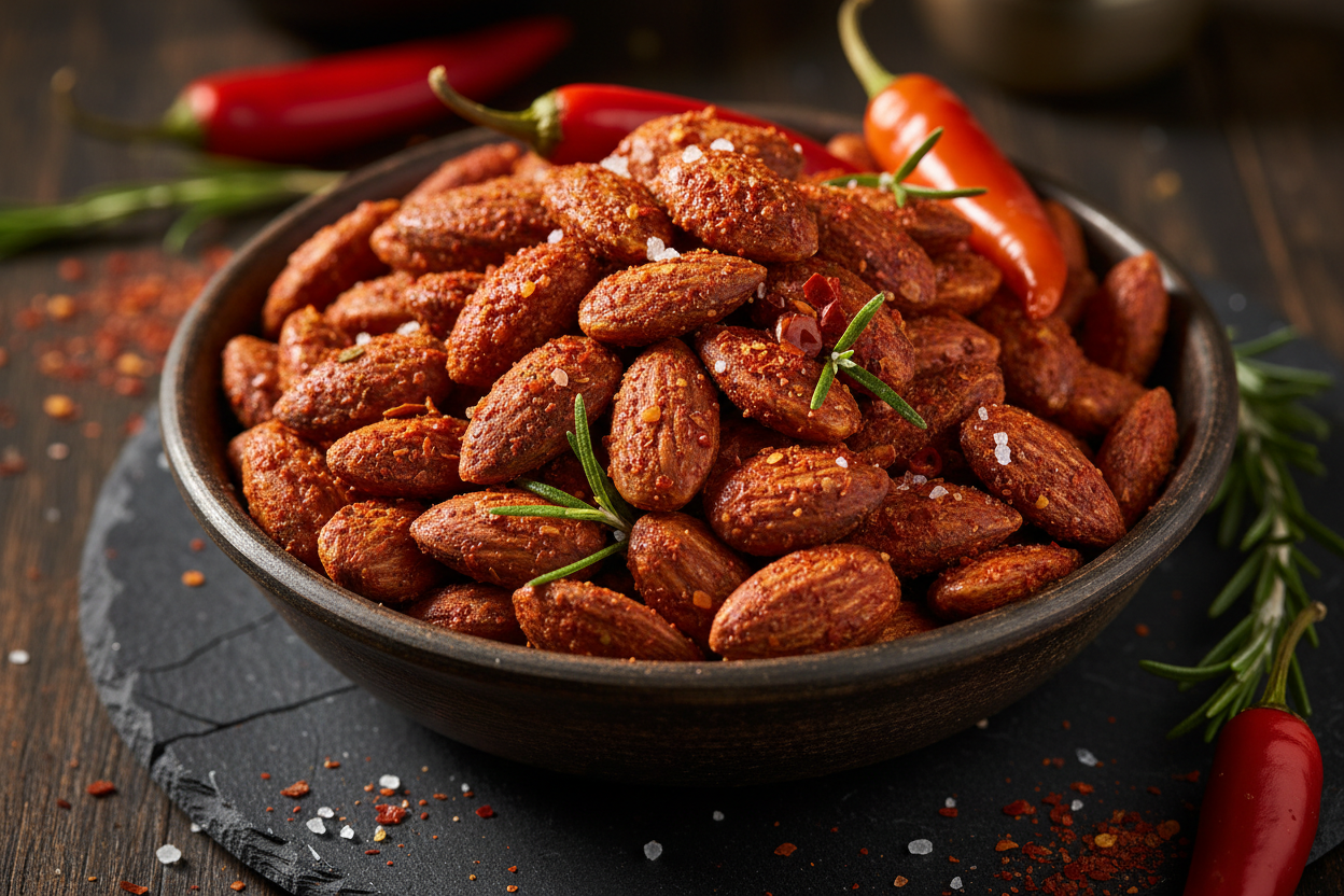 Bowl of spicy toasted almonds with red peppers 