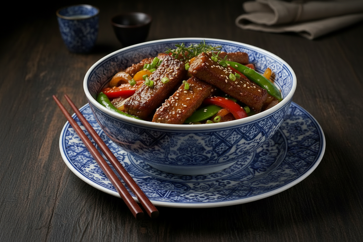 Blue Asian style bowl filled with jerk seasoned pork strips and rice 