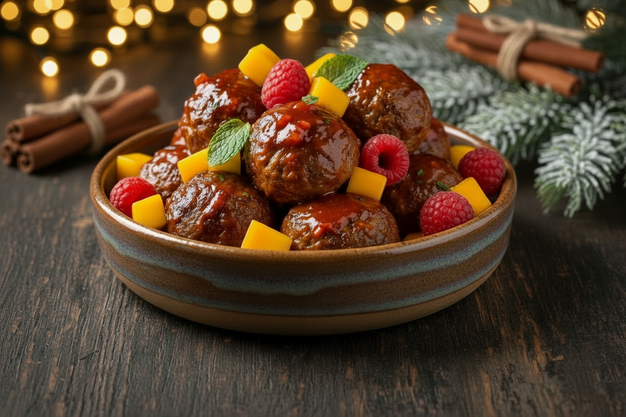 Bowl of Meatballs glazed in a Bourbon raspberry sauce with chucks on mango - Christmas decorations in the background 