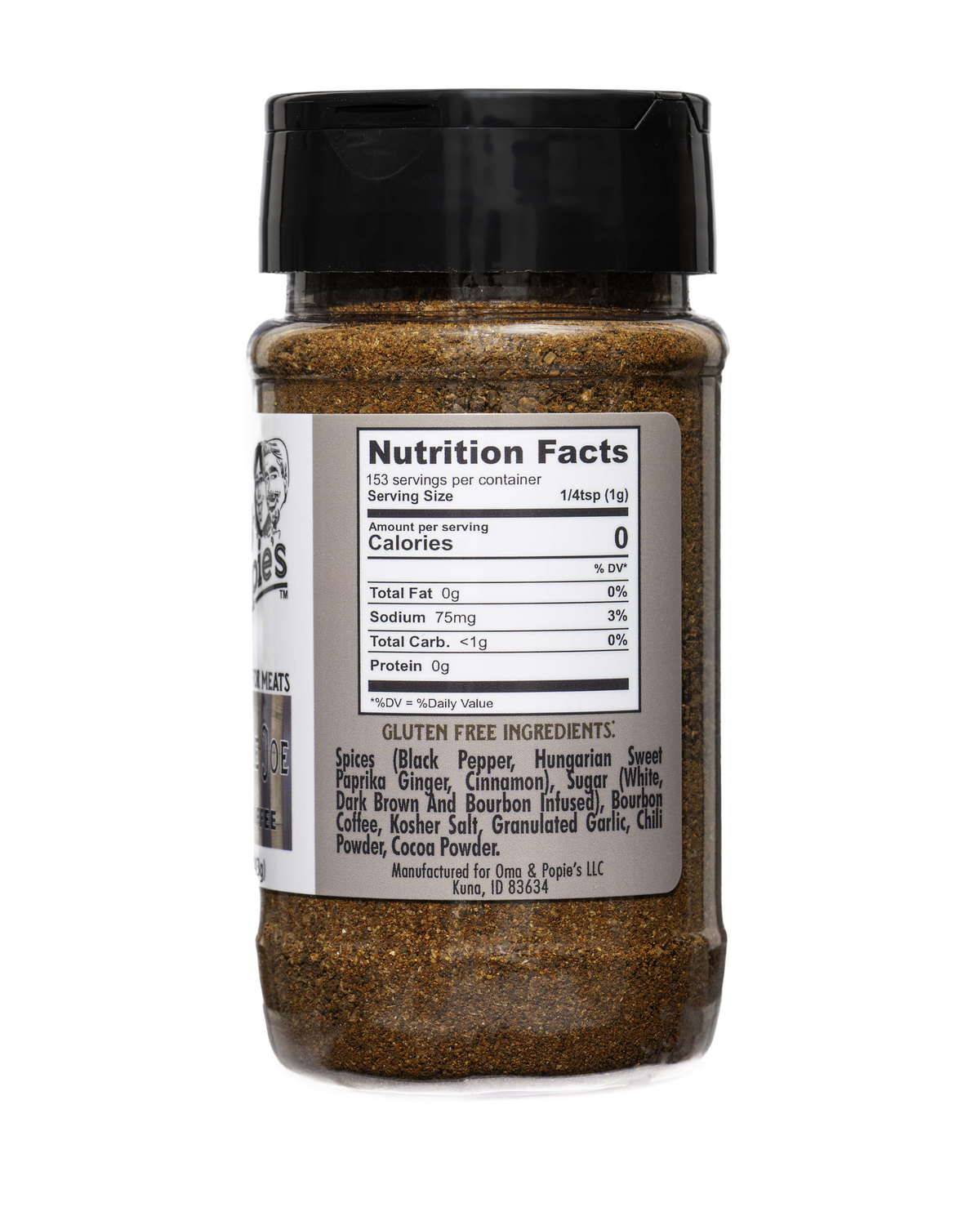 Spice jar with nutrition facts label on a white background