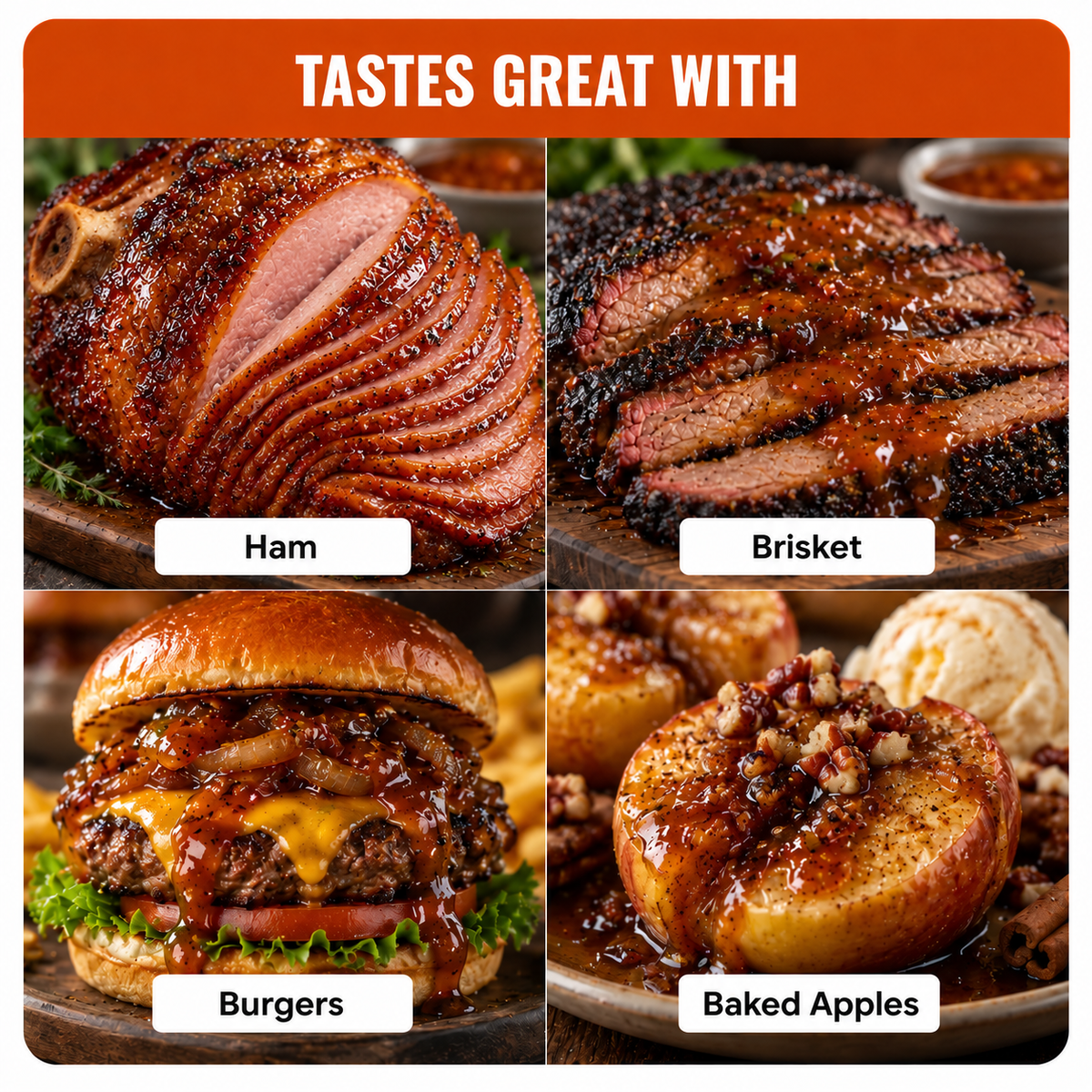 A graphic with the text Tastes Great With and images of ham, brisket, burgers and baked apples