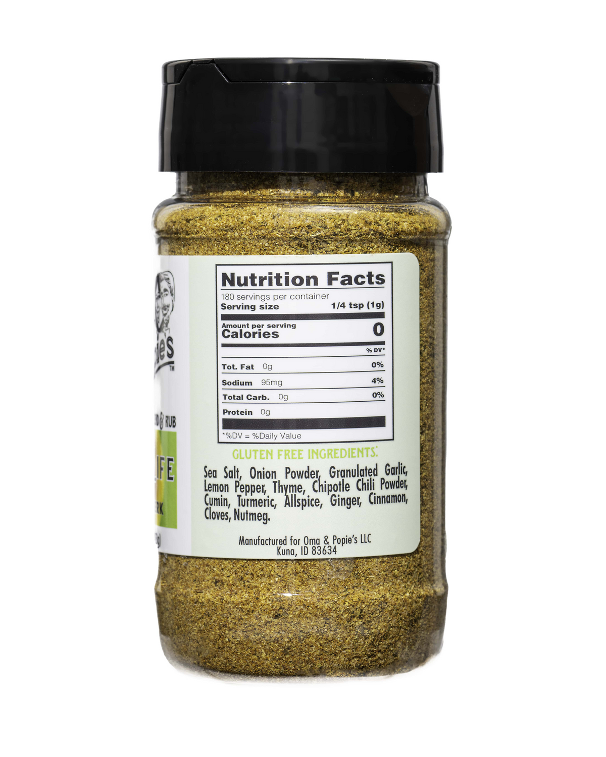 Spice jar with nutrition facts label on a white background