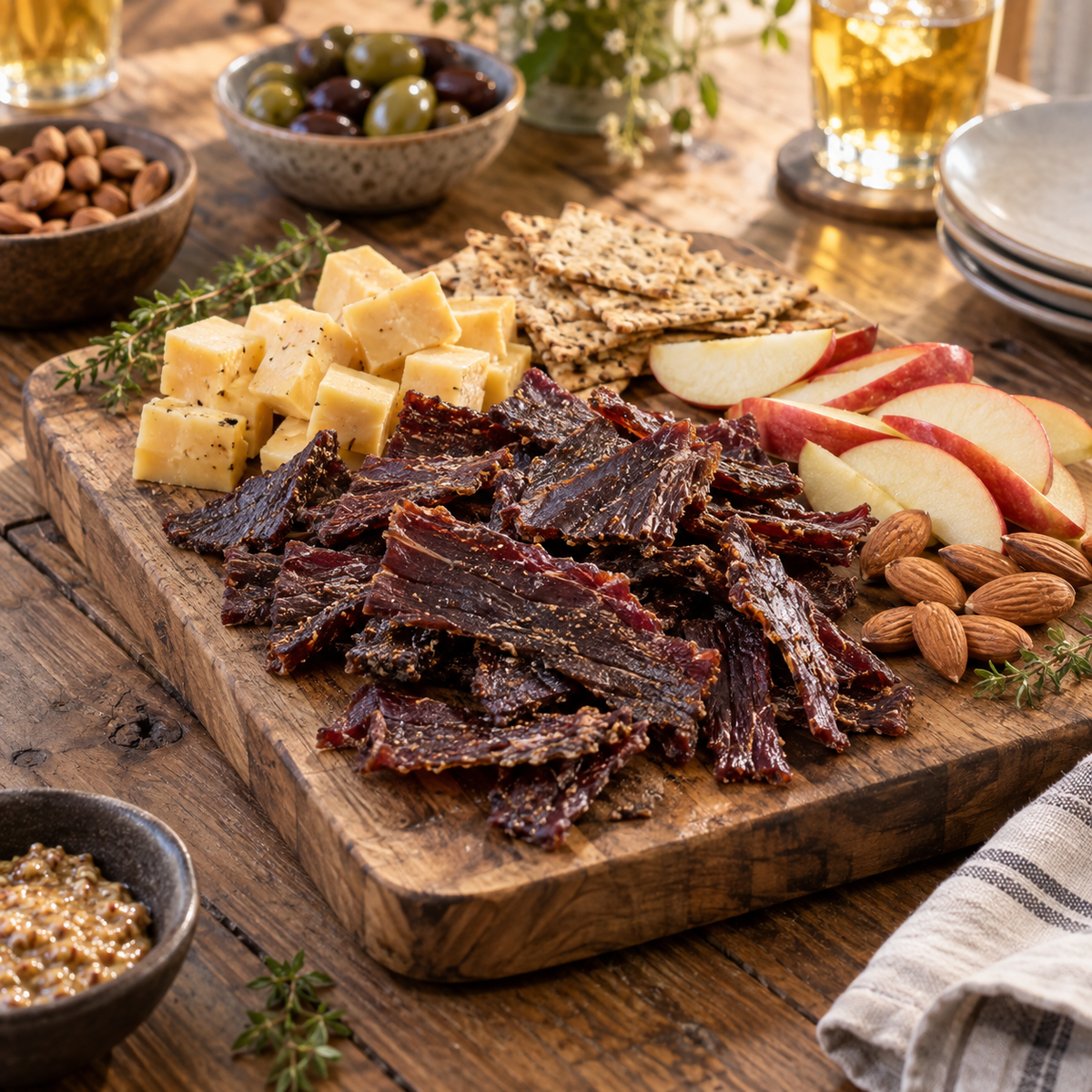 Beef jerky on a charcuterie board