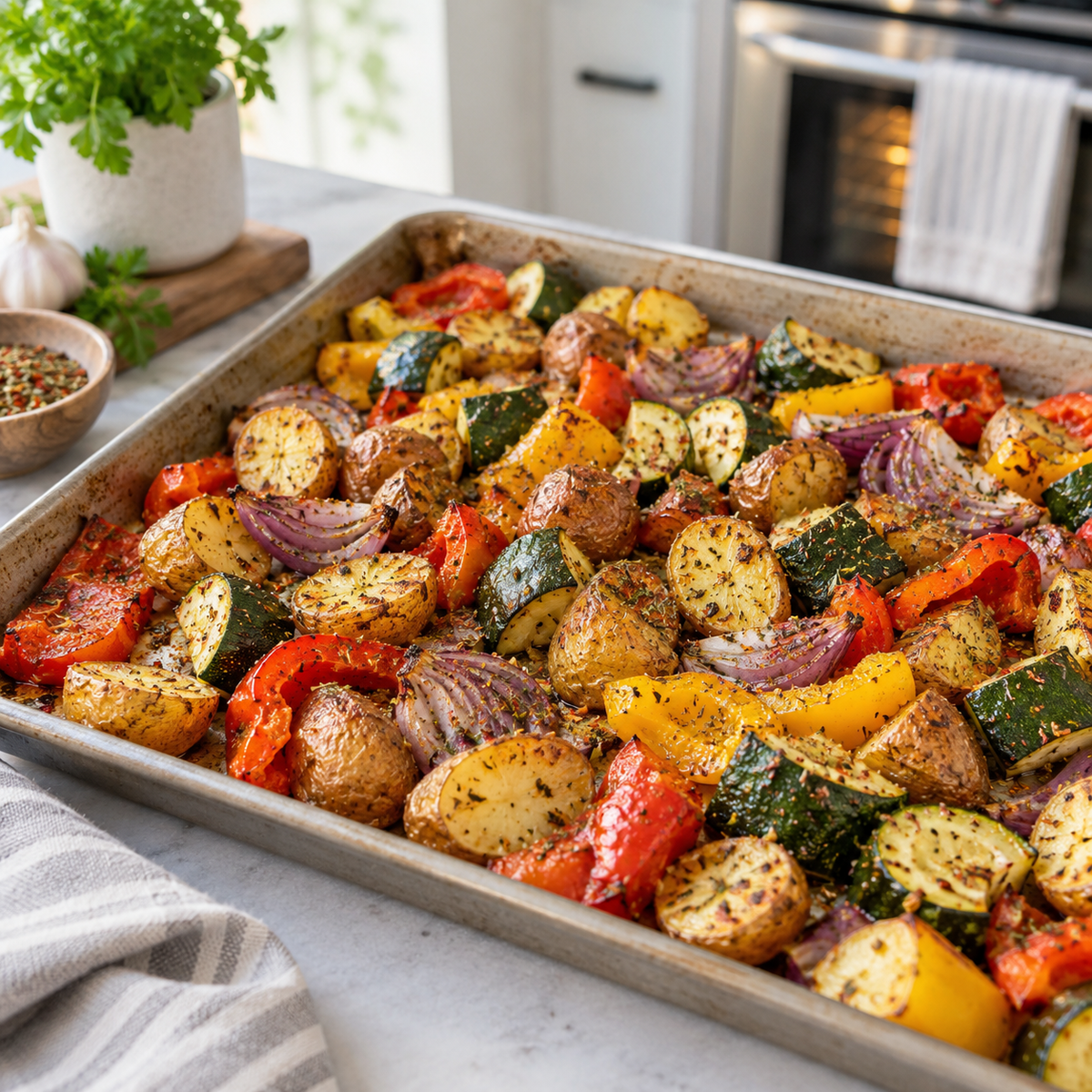 a sheet pan of veggies in a kitchen with seasoning on it