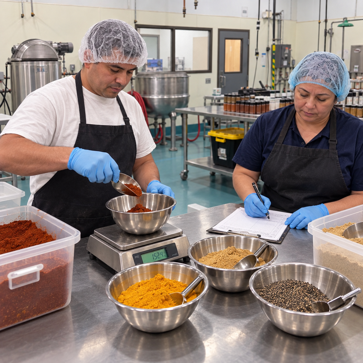 Two workers in a spice processing facility wearing hairnets, aprons, and blue gloves prepare spices. One worker adds red spice to a metal bowl on a scale, while the other writes on a clipboard.