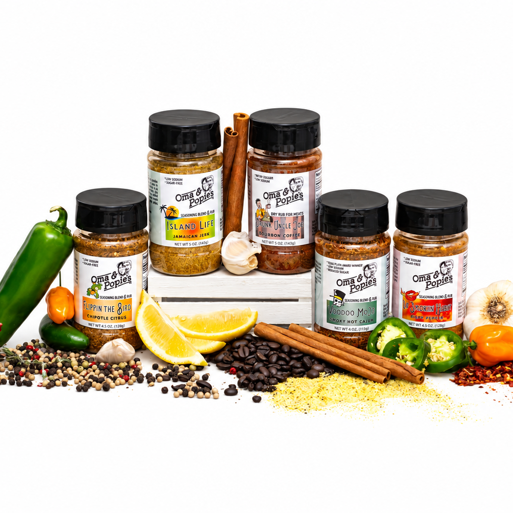 Five jars of Chili's Hot & Sweet Seasonings arranged on a white background with various whole and sliced ingredients including jalapeños, garlic, cinnamon sticks, chili peppers, and citrus slices.